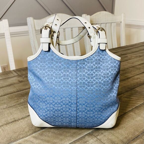 Coach Blue Canvas White Leather Trim Double Handles Shoulder Bag - Picture 4 of 10